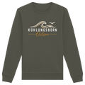 Shirtigo-Originalmockup: Bio-Unisex-Sweatshirt Kühlungsborn Baltic Waves, Dark Edition, Khaki, Vorderansicht mit Motiv.
