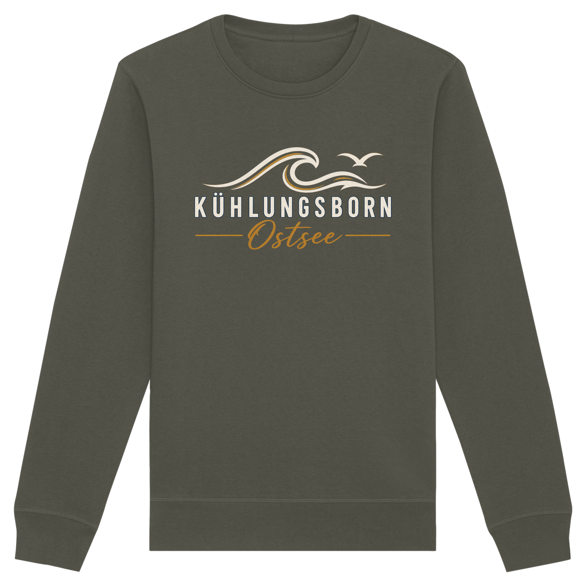 Shirtigo-Originalmockup: Bio-Unisex-Sweatshirt Kühlungsborn Baltic Waves, Dark Edition, Khaki, Vorderansicht mit Motiv.