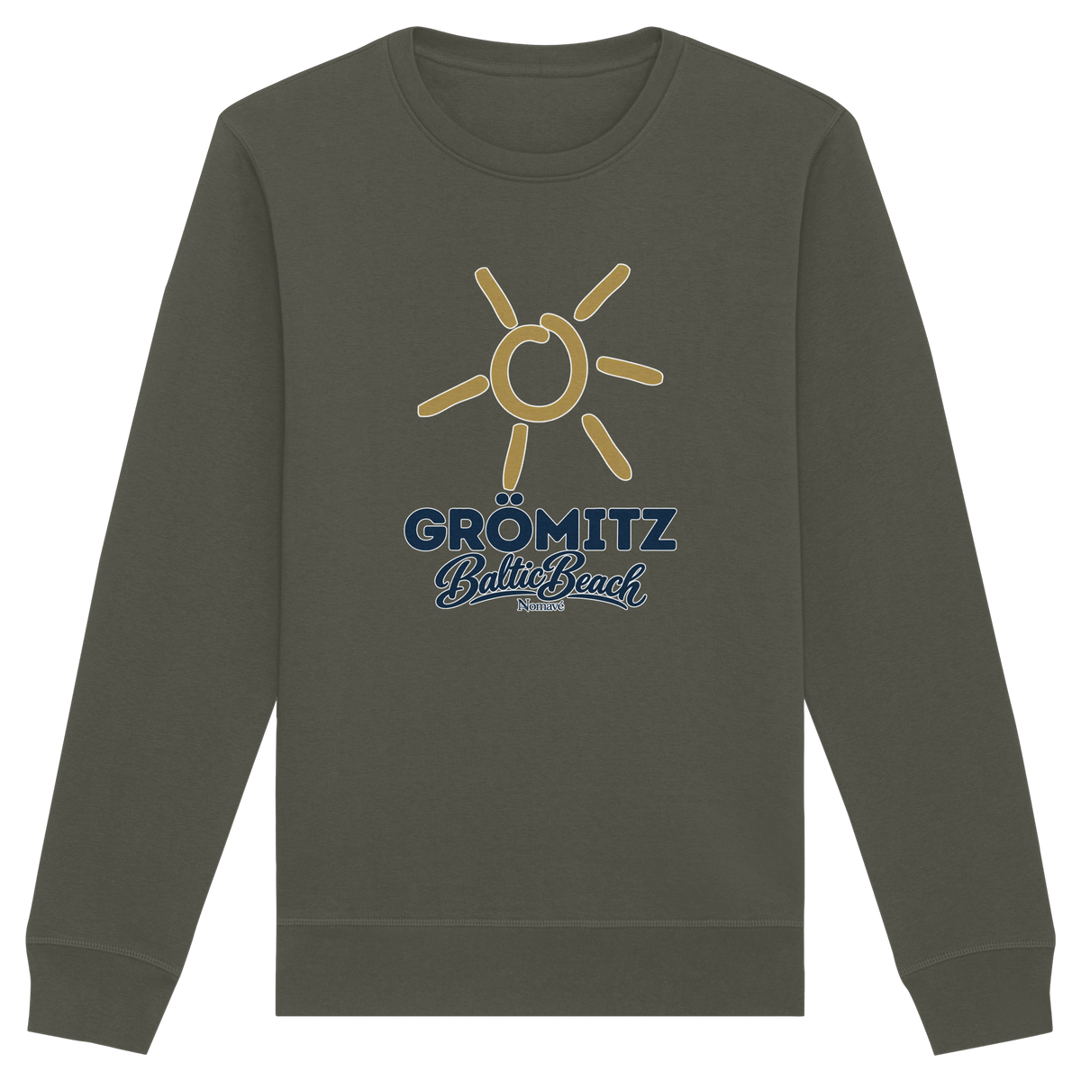Unisex Sweatshirt Grömitz Sonne Baltic Beach in Khaki – Frontdruck mit goldener Sonne, Shirtigo-Originalmockup 10