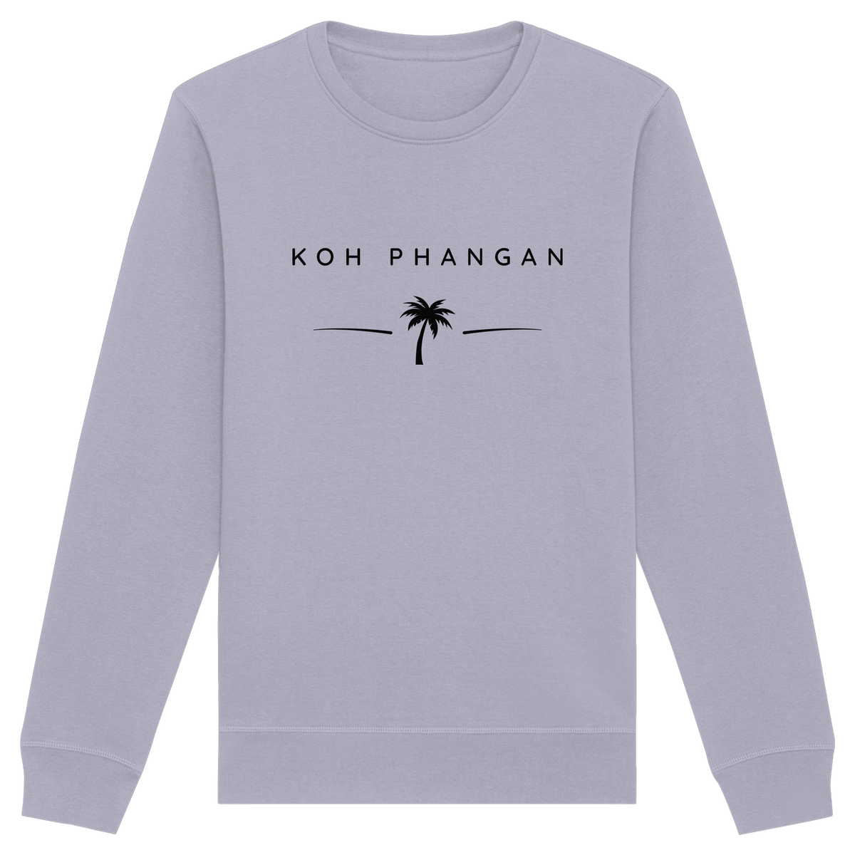 Frontansicht des Bio Unisex Sweatshirt in Serene Blue mit Koh Phangan Minimal Palm Frontprint