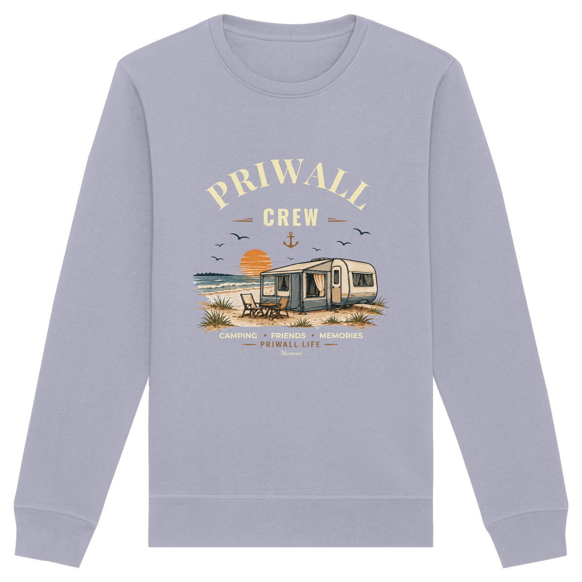 Bio Unisex Sweatshirt in Serene Blue mit korrigiertem Priwall-Crew-Motiv der Dark Edition – Vorderansicht