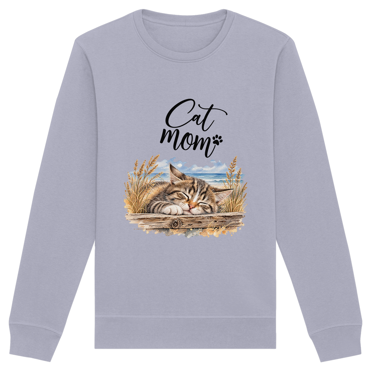 Unisex Bio-Sweatshirt Cat Mom in Serene Blue – Vorderansicht mit schlafender Katze, Küstenmotiv und Cat-Mom-Schriftzug.