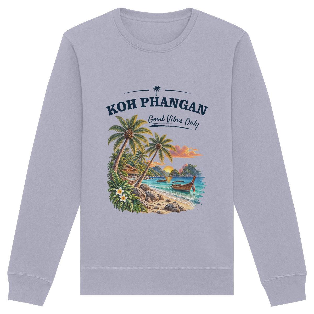 Koh Phangan Good Vibes Only – Bio Unisex Sweatshirt – Frontprint – Original-Mockup organic basic unisex sweatshirt serene blue mit Motivdruck