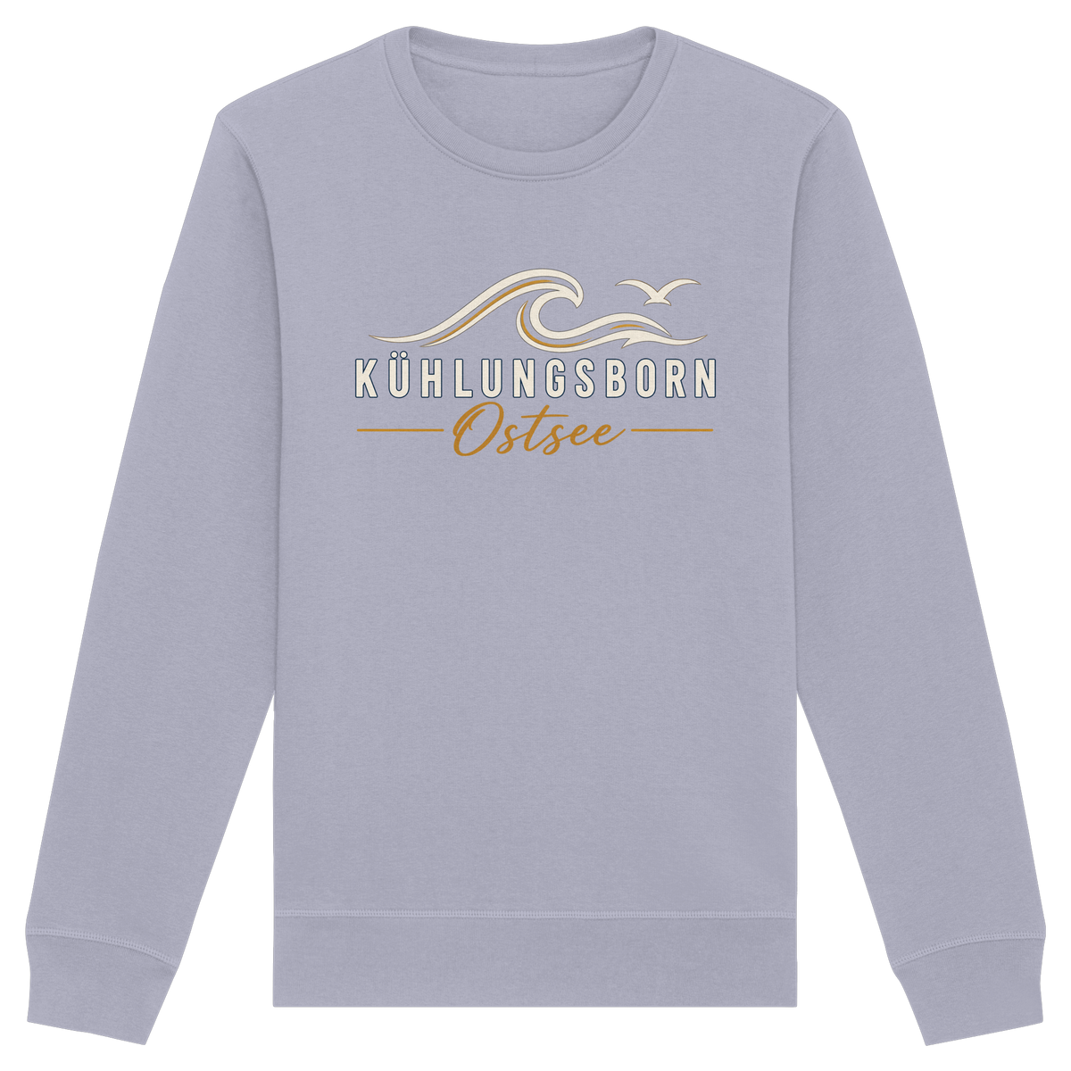 Shirtigo-Originalmockup: Bio-Unisex-Sweatshirt Kühlungsborn Baltic Waves, Dark Edition, Serene Blue, Vorderansicht mit Motiv.
