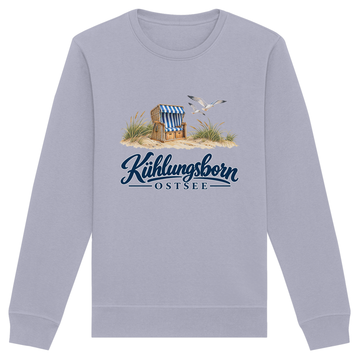 Bio-Unisex-Sweatshirt Kühlungsborn – Strandkorb & Ostsee in Serene Blue, Shirtigo-Originalmockup der Vorderseite mit Strandkorbmotiv.