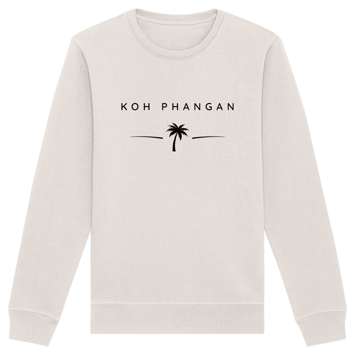 Frontansicht des Bio Unisex Sweatshirt in Vintage White mit Koh Phangan Minimal Palm Frontprint
