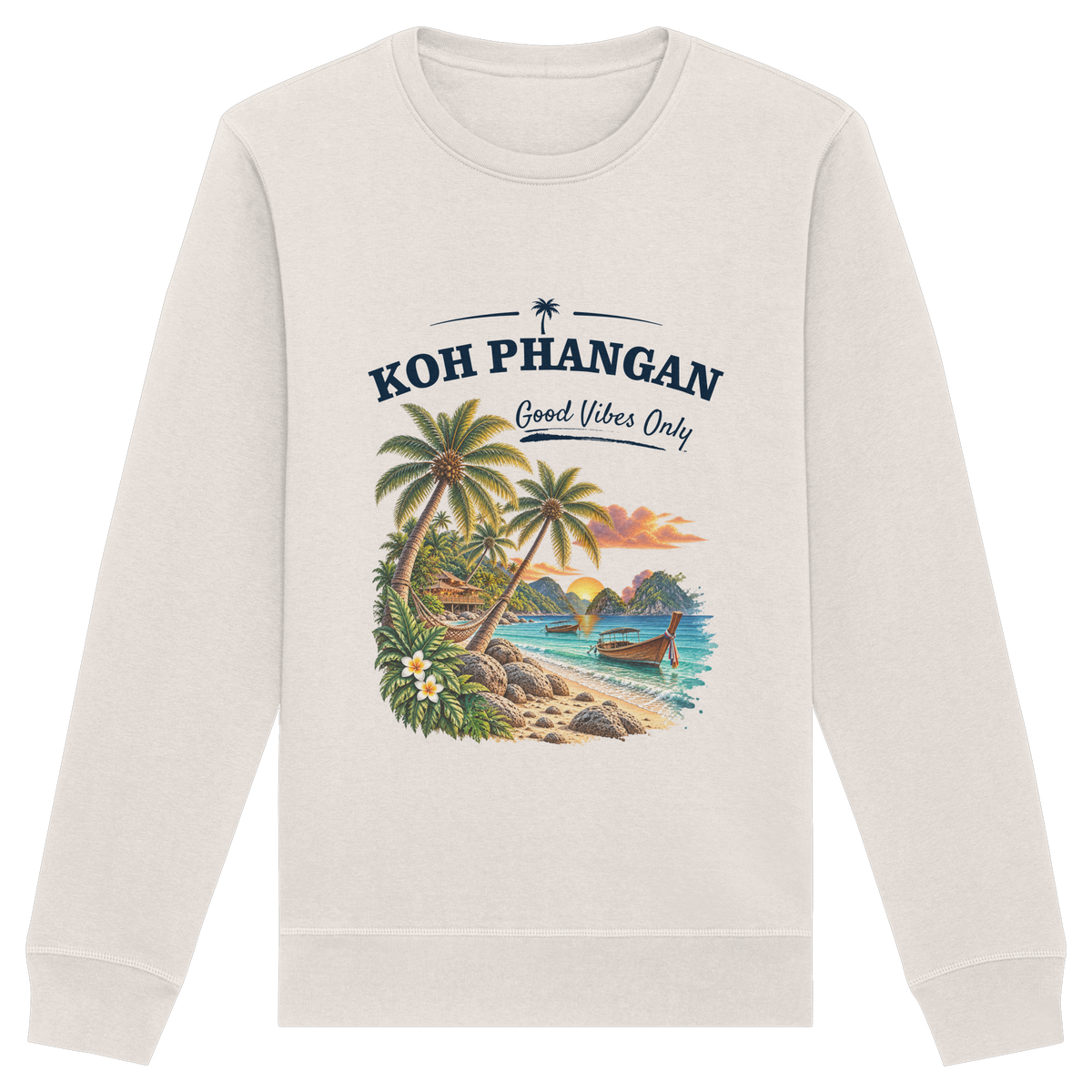 Koh Phangan Good Vibes Only – Bio Unisex Sweatshirt – Frontprint – Original-Mockup organic basic unisex sweatshirt vintage white mit Motivdruck