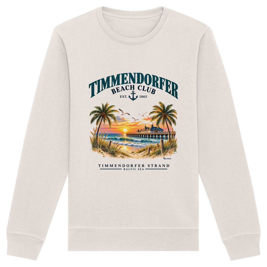 Originalmockup: Unisex Bio-Sweatshirt in Vintage White mit Timmendorfer-Beach-Club-Frontprint, Motivansicht.