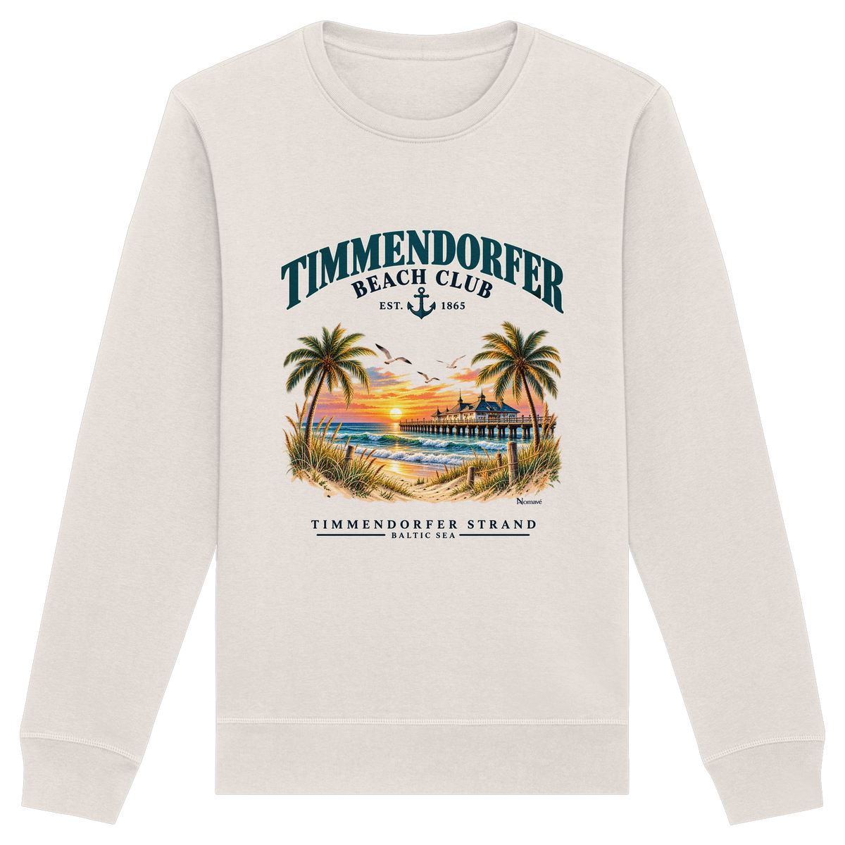 Originalmockup: Unisex Bio-Sweatshirt in Vintage White mit Timmendorfer-Beach-Club-Frontprint, Motivansicht.