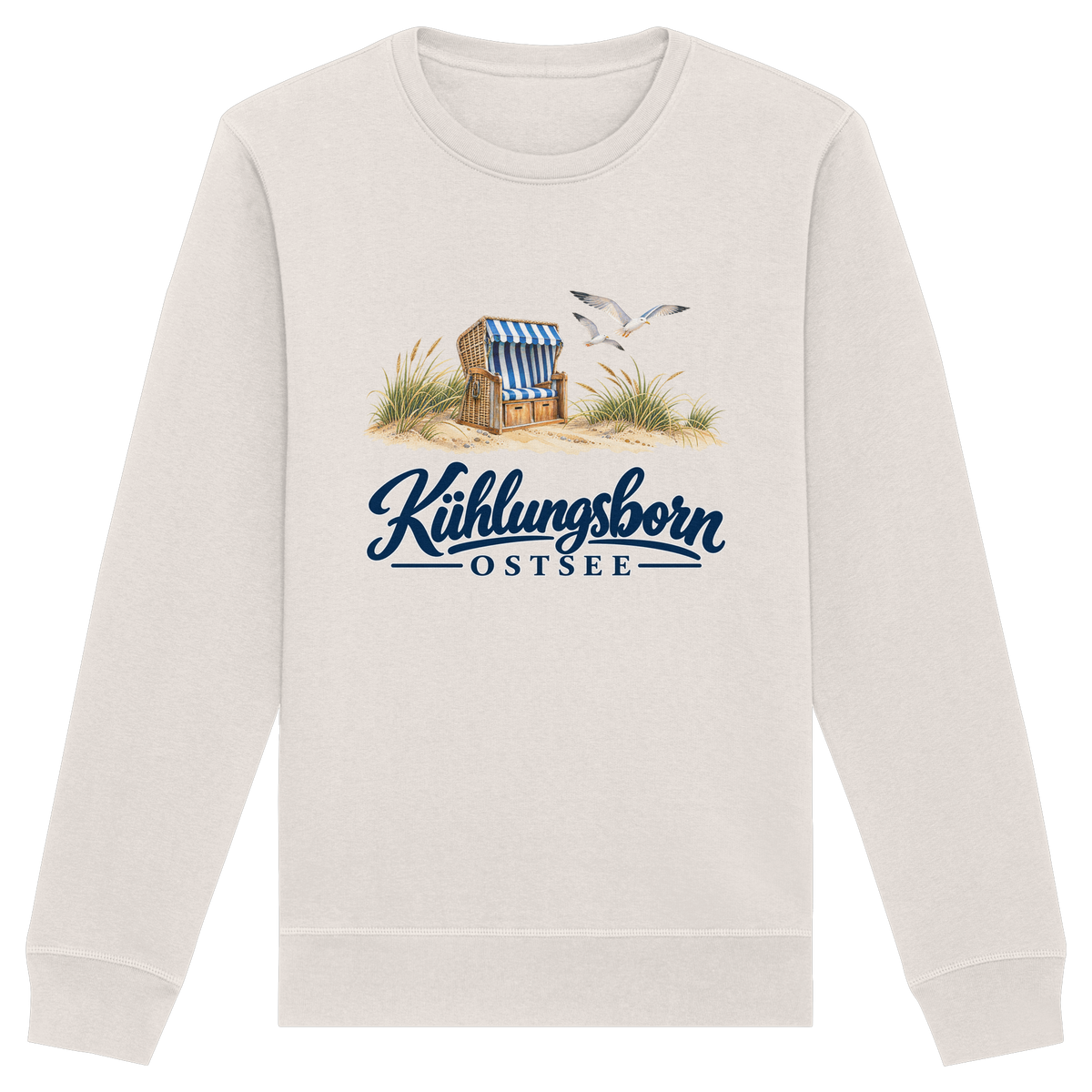 Bio-Unisex-Sweatshirt Kühlungsborn – Strandkorb & Ostsee in Vintage White, Shirtigo-Originalmockup der Vorderseite mit Strandkorbmotiv.