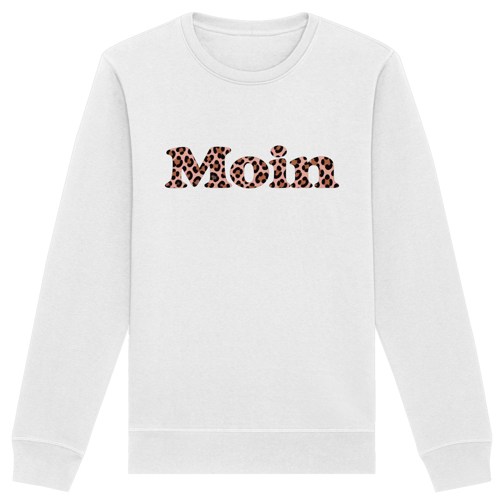 Bio-Unisex-Sweatshirt White, Vorderansicht mit Moin Leo Blush Pink.