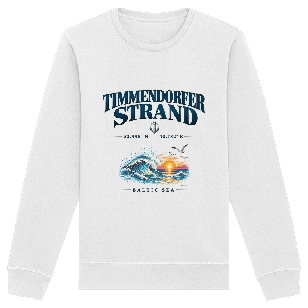 Original-Mockup 1: Unisex Bio-Sweatshirt in White mit Timmendorfer Strand – Baltic Sea Frontprint.