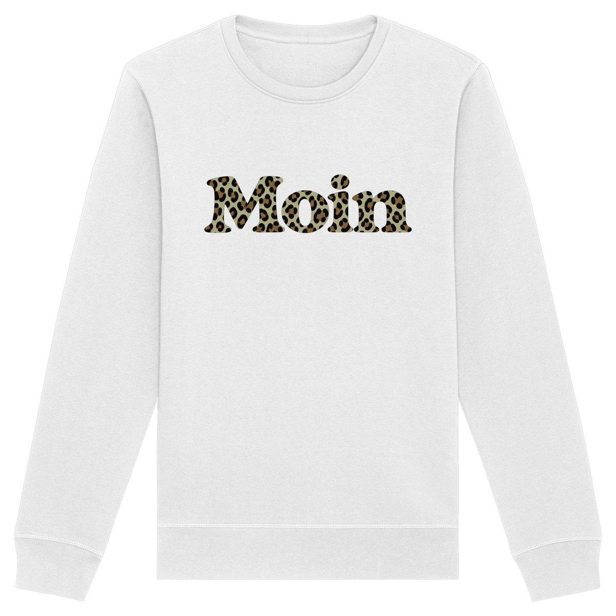 Bio Unisex Sweatshirt in White mit Moin-Leoprint in Sage Green als Frontprint, Original-Mockup.
