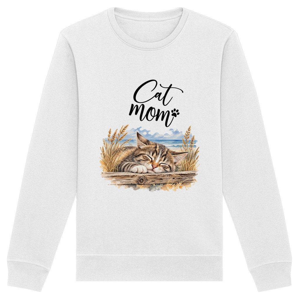 Unisex Bio-Sweatshirt Cat Mom in Weiß – Vorderansicht mit schlafender Katze, Küstenmotiv und Cat-Mom-Schriftzug.