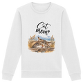 Unisex Bio-Sweatshirt Cat Mom in Weiß – Vorderansicht mit schlafender Katze, Küstenmotiv und Cat-Mom-Schriftzug.