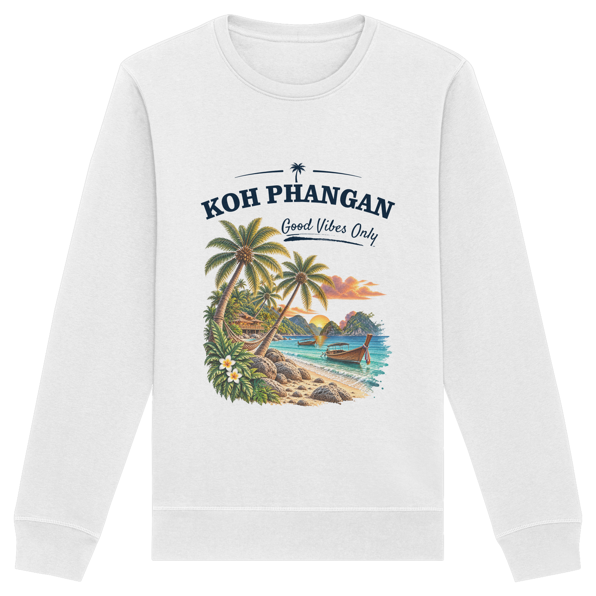 Koh Phangan Good Vibes Only – Bio Unisex Sweatshirt – Frontprint – Original-Mockup organic basic unisex sweatshirt white mit Motivdruck