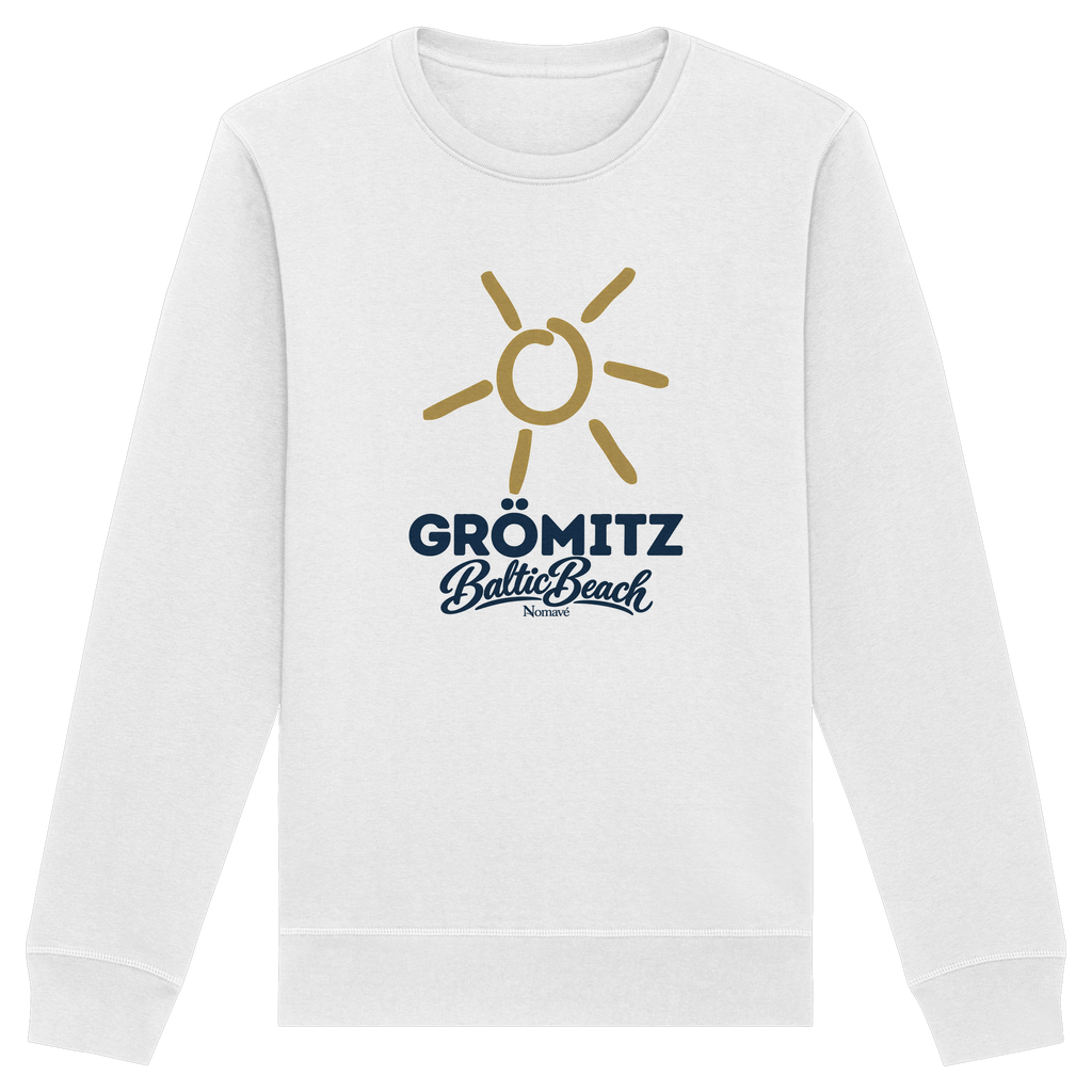 Unisex Sweatshirt Grömitz Sonne Baltic Beach in White – Frontdruck mit goldener Sonne, Shirtigo-Originalmockup 1