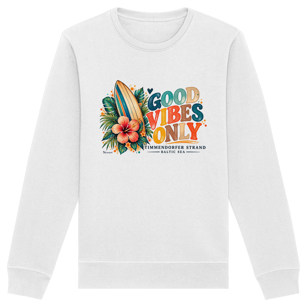 Timmendorfer Strand – Surf Vibes – Unisex Bio-Sweatshirt mit Frontprint in White – Katalog-Vorderansicht mit Surfboard, Hibiskus und Good-Vibes-Only-Frontprint.