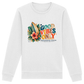 Timmendorfer Strand – Surf Vibes – Unisex Bio-Sweatshirt mit Frontprint in White – Katalog-Vorderansicht mit Surfboard, Hibiskus und Good-Vibes-Only-Frontprint.