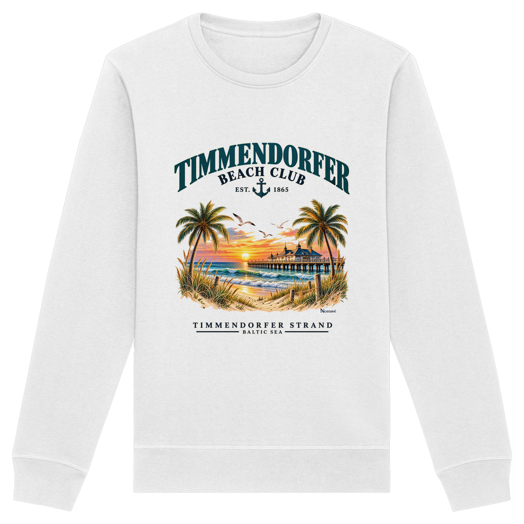 Originalmockup: Unisex Bio-Sweatshirt in White mit Timmendorfer-Beach-Club-Frontprint, Motivansicht.