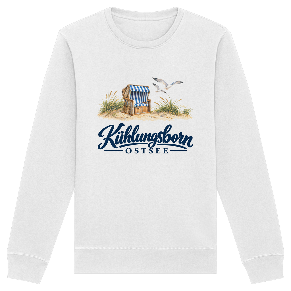 Bio-Unisex-Sweatshirt Kühlungsborn – Strandkorb & Ostsee in White, Shirtigo-Originalmockup der Vorderseite mit Strandkorbmotiv.