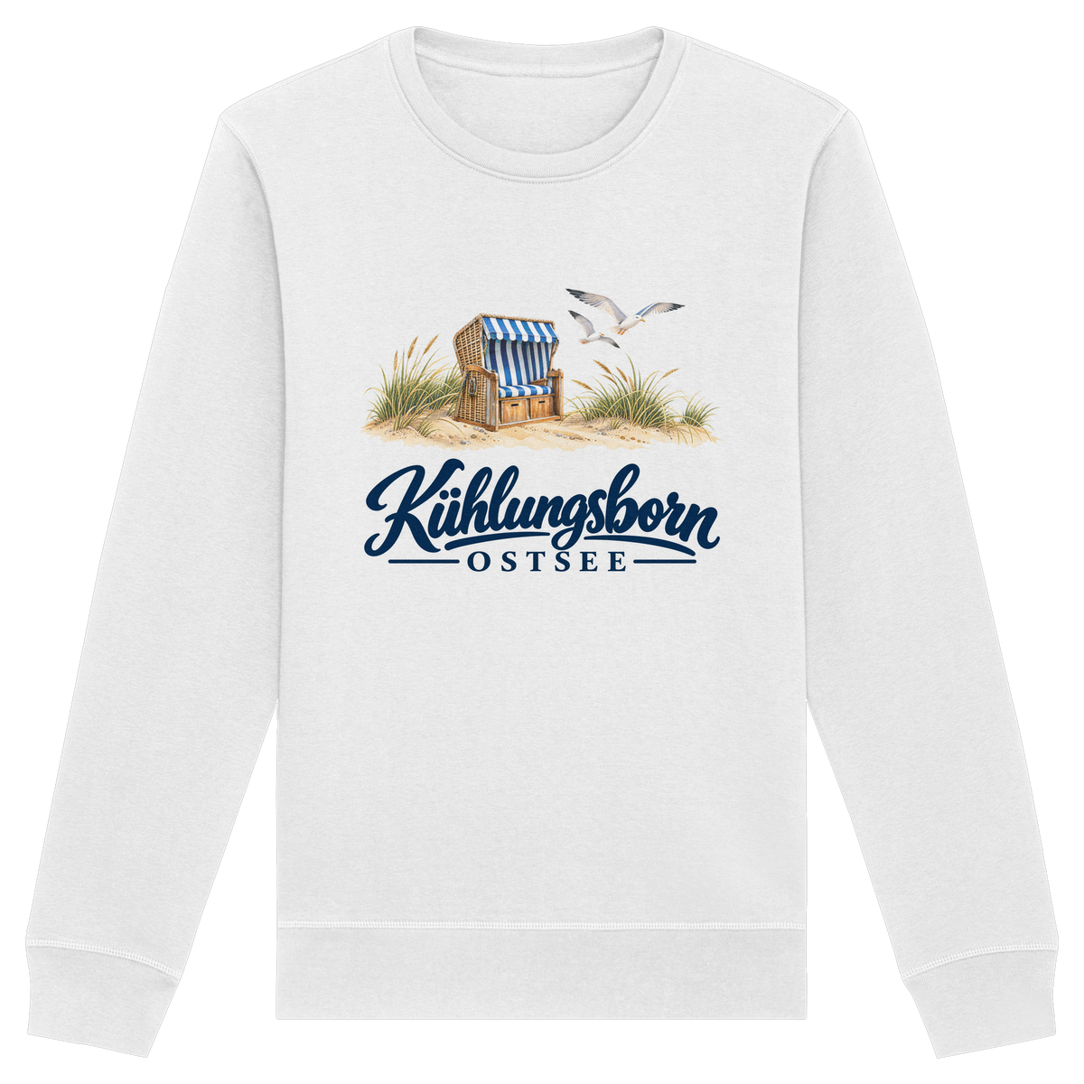 Bio-Unisex-Sweatshirt Kühlungsborn – Strandkorb & Ostsee in White, Shirtigo-Originalmockup der Vorderseite mit Strandkorbmotiv.
