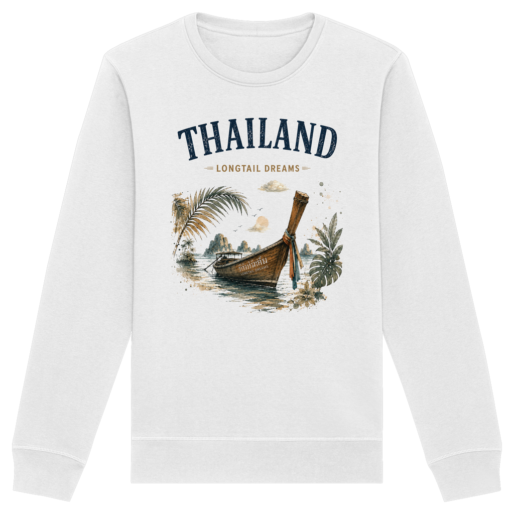 Weißes Thailand Longtail Dreams Unisex Bio-Sweatshirt mit Frontmotiv