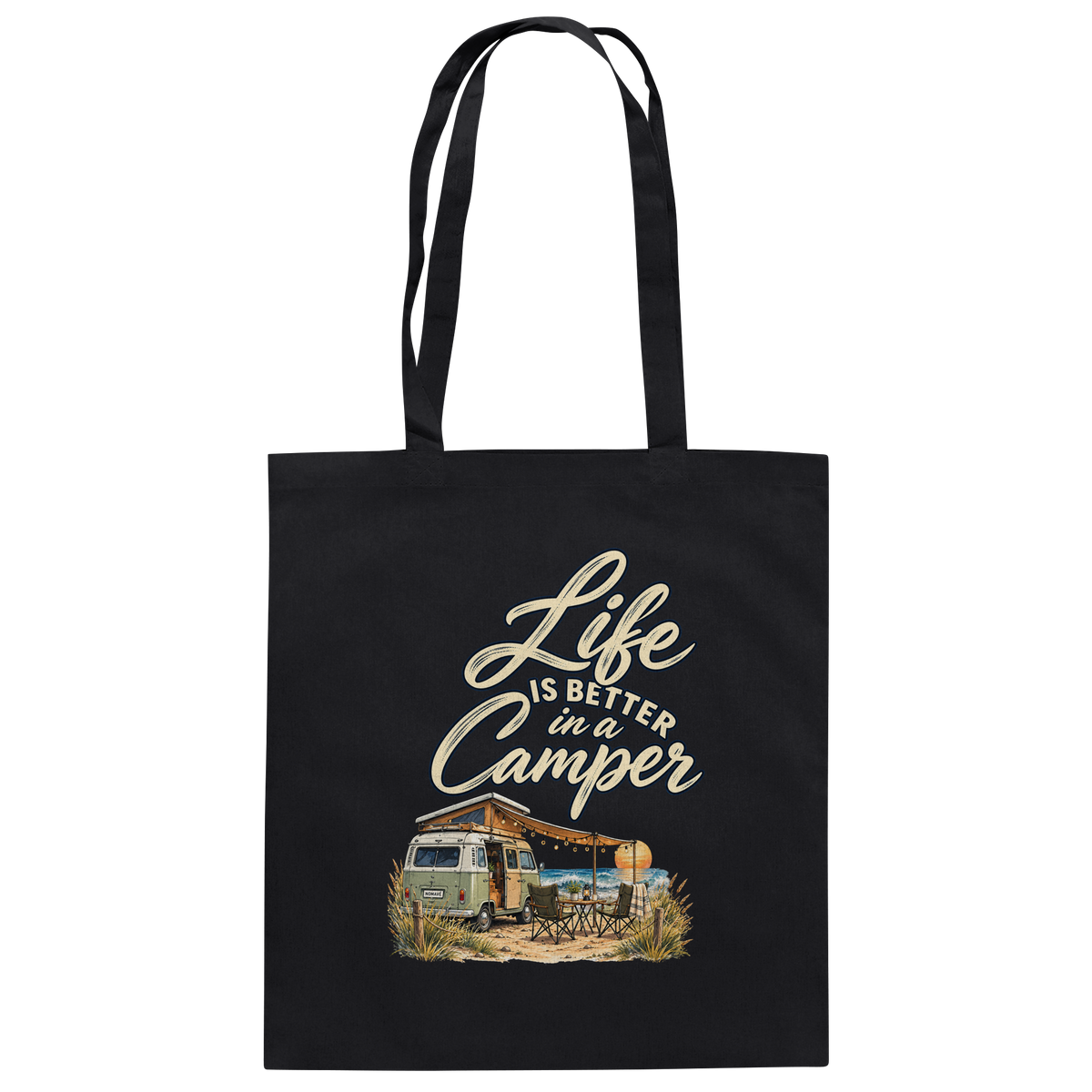 Bio-Baumwolltasche in Black mit „Life is better in a Camper“-Motiv – Vorderansicht für Vanlife- und Campingfans