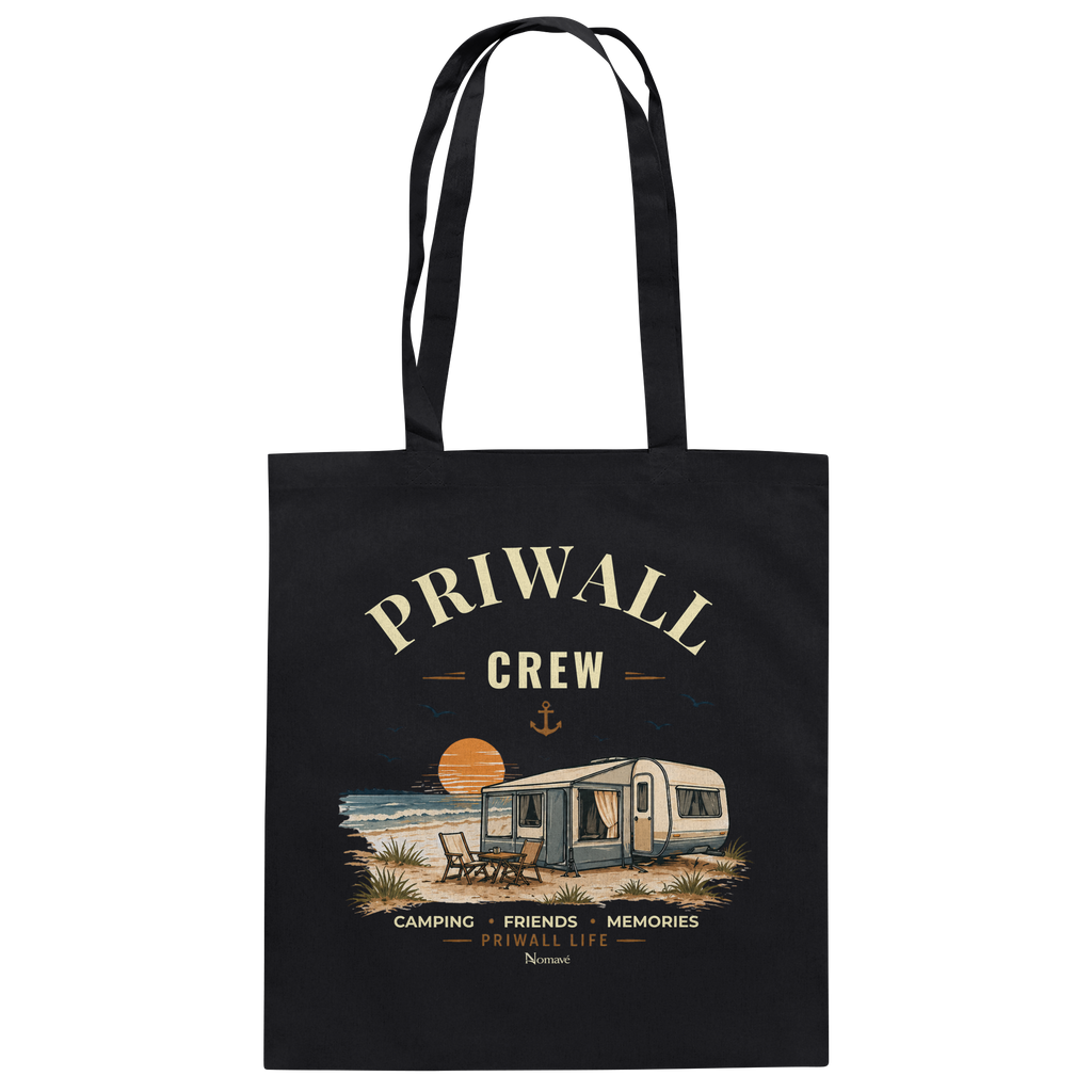 Bio-Baumwolltasche in Black mit korrigiertem Priwall-Crew-Motiv – Vorderansicht