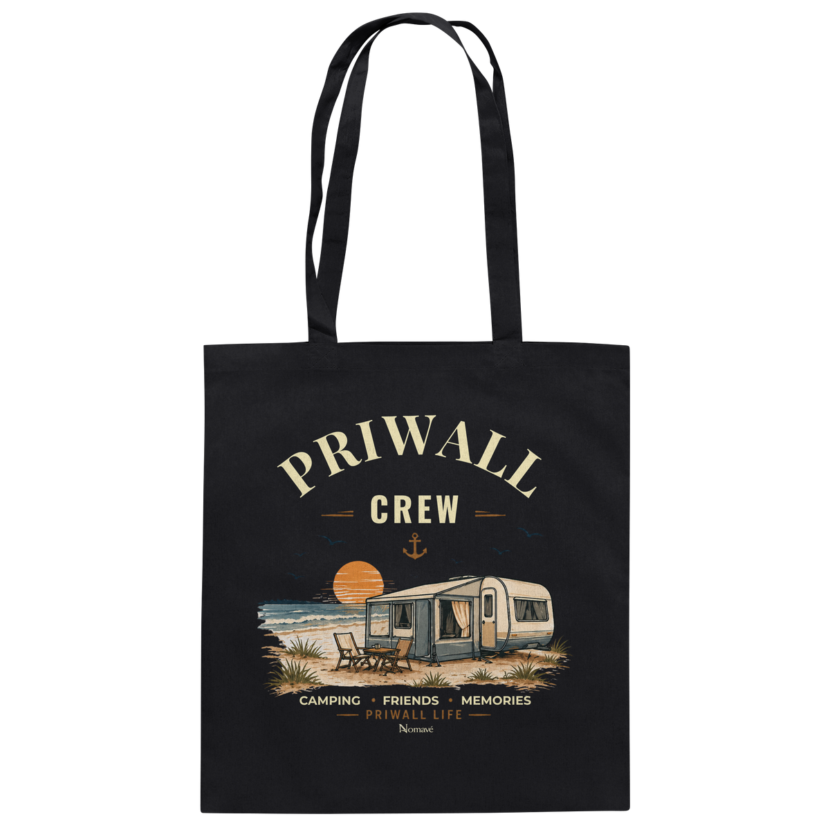 Bio-Baumwolltasche in Black mit korrigiertem Priwall-Crew-Motiv – Vorderansicht