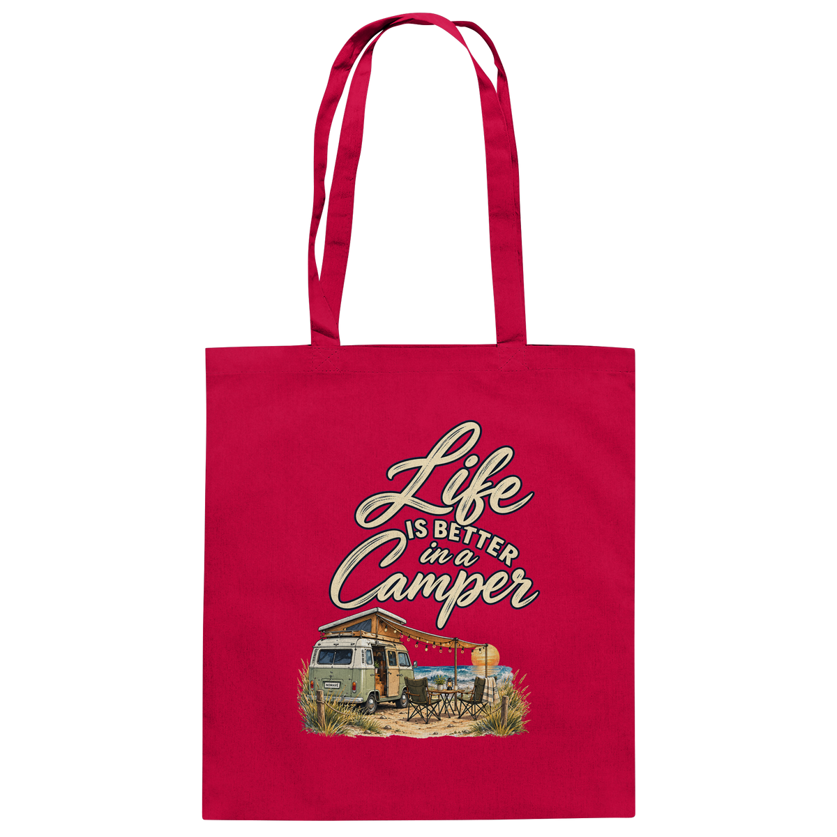 Bio-Baumwolltasche in Classic Red mit „Life is better in a Camper“-Motiv – Vorderansicht für Vanlife- und Campingfans