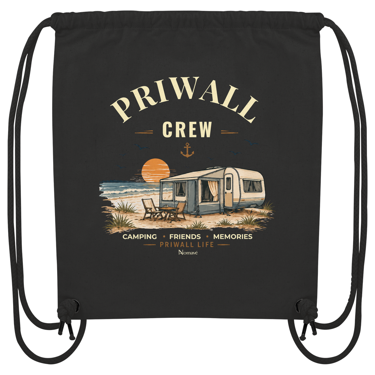 Schwarzer Bio Gym-Bag mit korrigiertem Priwall-Crew-Motiv – klare Produktansicht