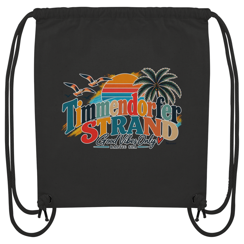 Gym-Bag / Turnbeutel in Black mit Timmendorfer-Strand-Good-Vibes-Only-Außenmotiv, originales Shirtigo-Mockup.