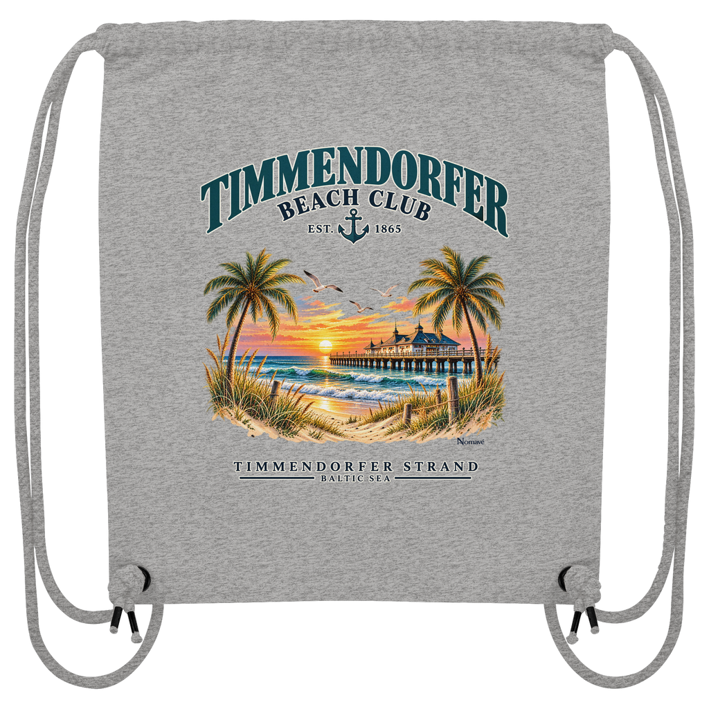 Originalmockup: Canvas-Turnbeutel in Heather Grey mit Timmendorfer-Beach-Club-Außenmotiv, Motivansicht.