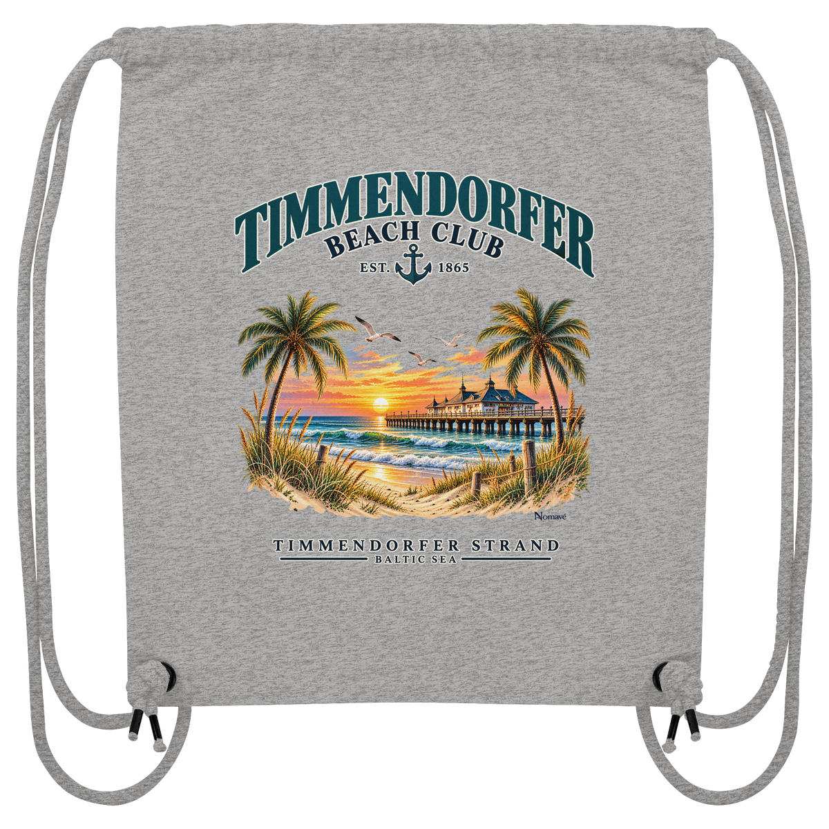 Originalmockup: Canvas-Turnbeutel in Heather Grey mit Timmendorfer-Beach-Club-Außenmotiv, Motivansicht.