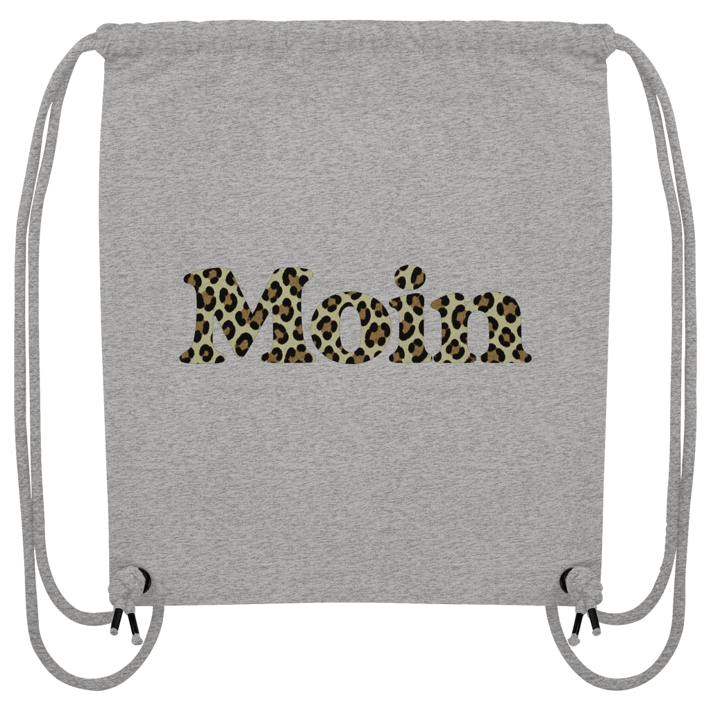 Gym-Bag in Heather Grey mit Moin-Leoprint in Sage Green auf der Außenseite und grauen Zugkordeln, Original-Mockup.