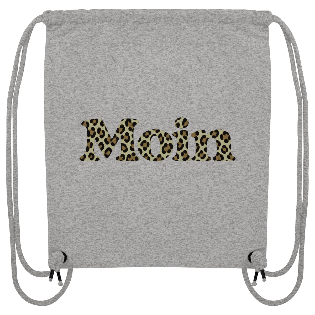 Gym-Bag in Heather Grey mit Moin-Leoprint in Sage Green auf der Außenseite und grauen Zugkordeln, Original-Mockup.
