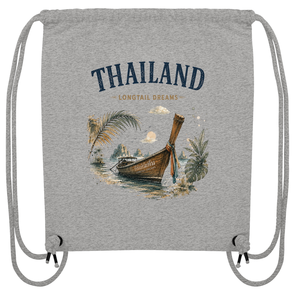 Grauer Organic Gym Bag mit Thailand Longtail Dreams Motiv