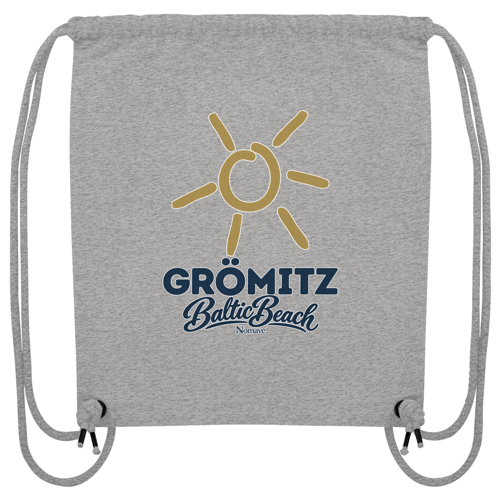 Gym-Bag aus Recycling-Canvas Grömitz Sonne Baltic Beach in Heather Grey – Frontdruck mit goldener Sonne, Shirtigo-Originalmockup 2