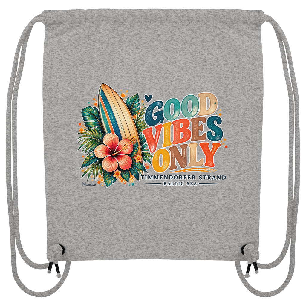 Timmendorfer Strand – Surf Vibes – Gym-Bag in Heather Grey mit Surfboard- und Hibiskusmotiv – Shirtigo-Katalogansicht.
