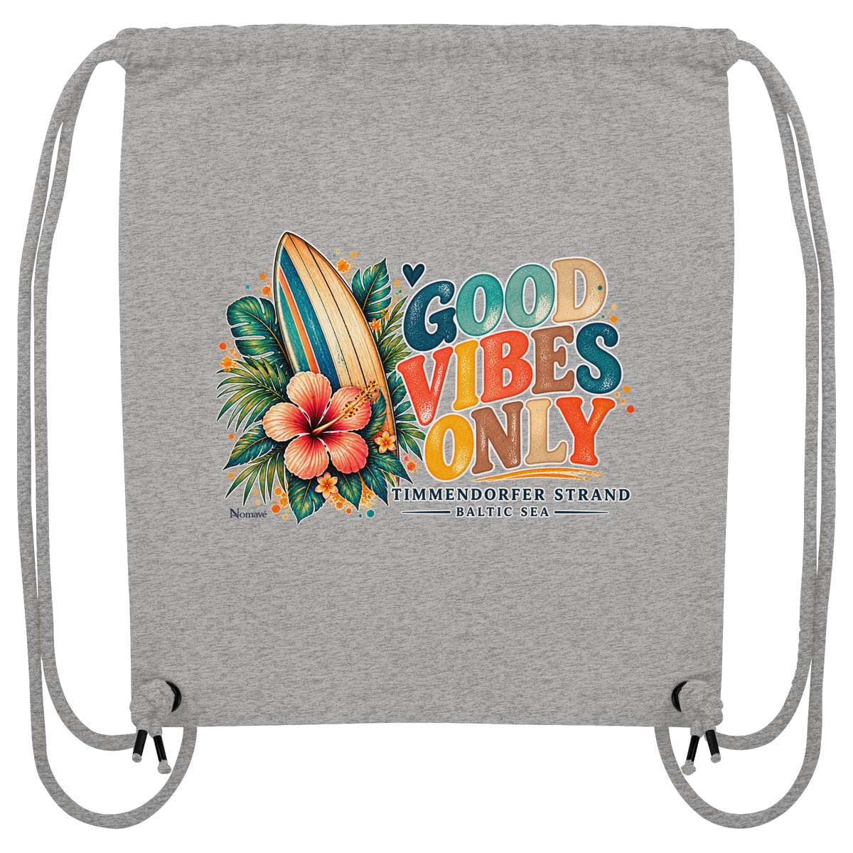Timmendorfer Strand – Surf Vibes – Gym-Bag in Heather Grey mit Surfboard- und Hibiskusmotiv – Shirtigo-Katalogansicht.