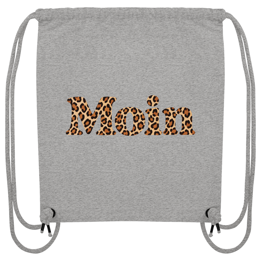Original-Shirtigo-Mockup: Gym-Bag aus recyceltem Canvas in Heather Grey mit „Moin“ im Karamell-Leoprint auf der Vorderseite