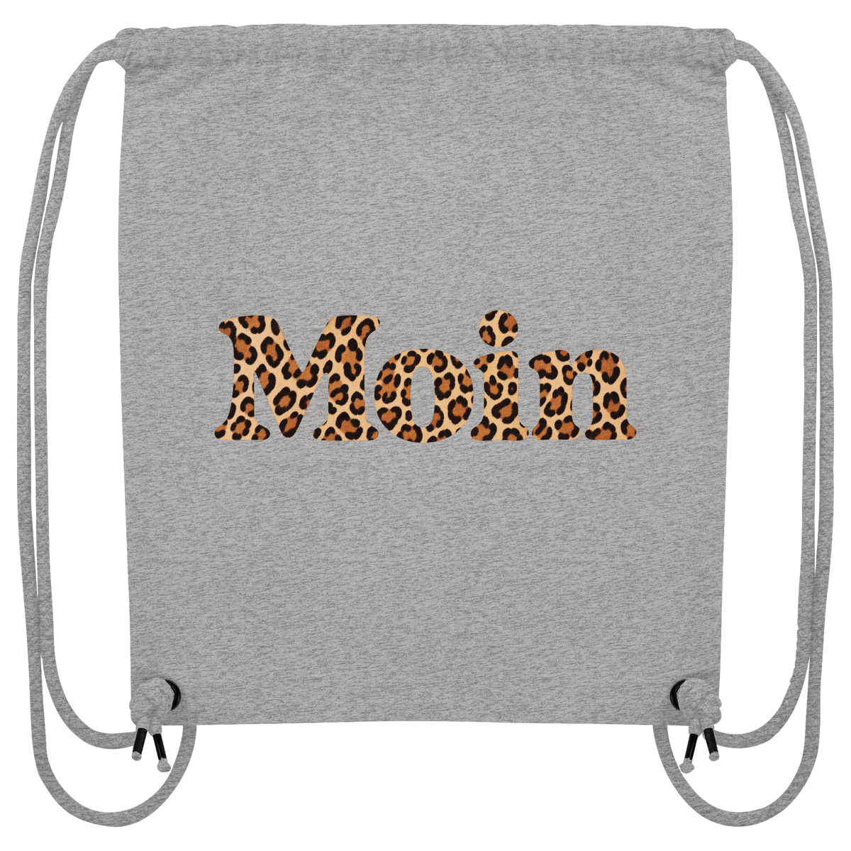 Original-Shirtigo-Mockup: Gym-Bag aus recyceltem Canvas in Heather Grey mit „Moin“ im Karamell-Leoprint auf der Vorderseite