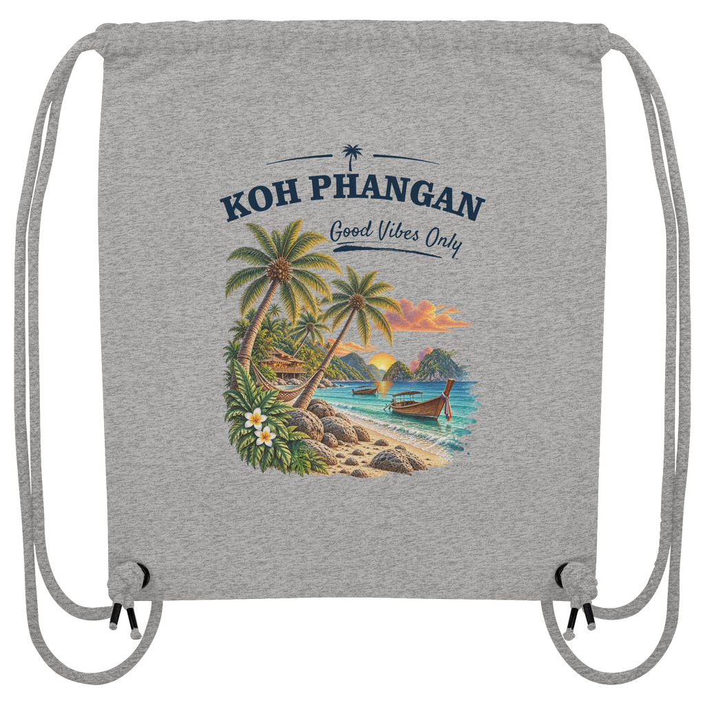 Koh Phangan Good Vibes Only – Bio Rucksack – Original-Mockup organic gym bag heather grey mit Motivdruck