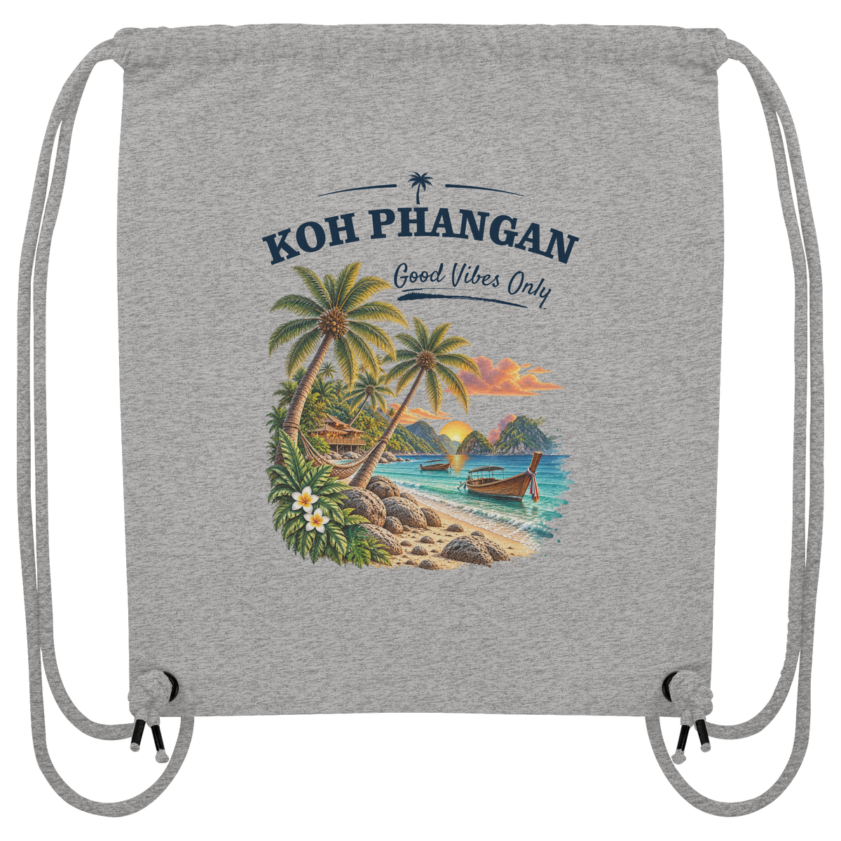 Koh Phangan Good Vibes Only – Bio Rucksack – Original-Mockup organic gym bag heather grey mit Motivdruck