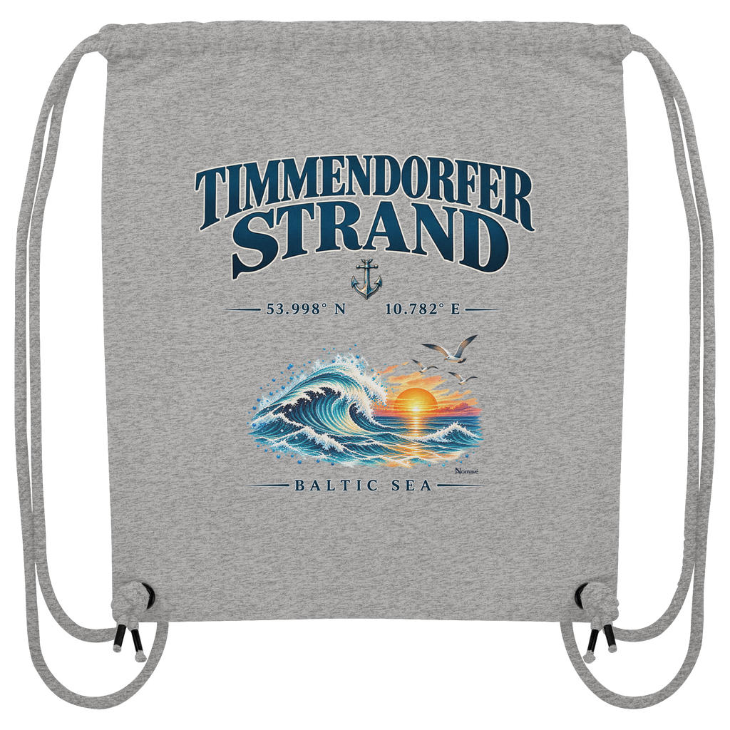 Original-Mockup 1: Gym-Bag Rucksack in Heather Grey mit Timmendorfer-Strand–Baltic-Sea-Motiv auf der Vorderseite.