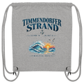 Original-Mockup 1: Gym-Bag Rucksack in Heather Grey mit Timmendorfer-Strand–Baltic-Sea-Motiv auf der Vorderseite.