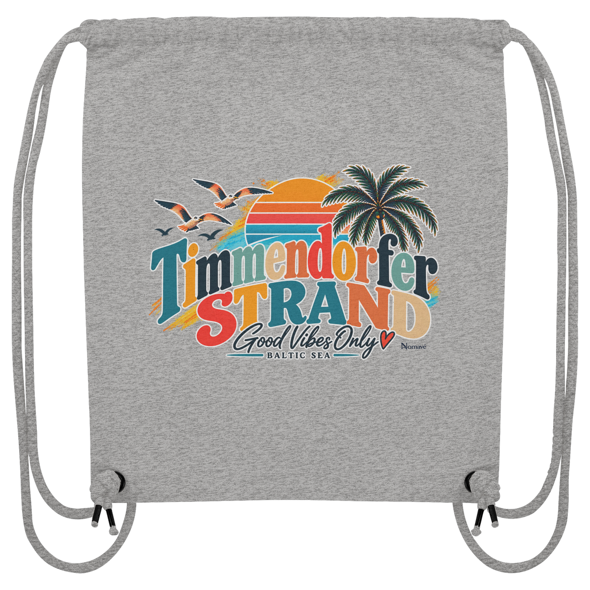 Gym-Bag / Turnbeutel in Heather Grey mit Timmendorfer-Strand-Good-Vibes-Only-Außenmotiv, originales Shirtigo-Mockup.