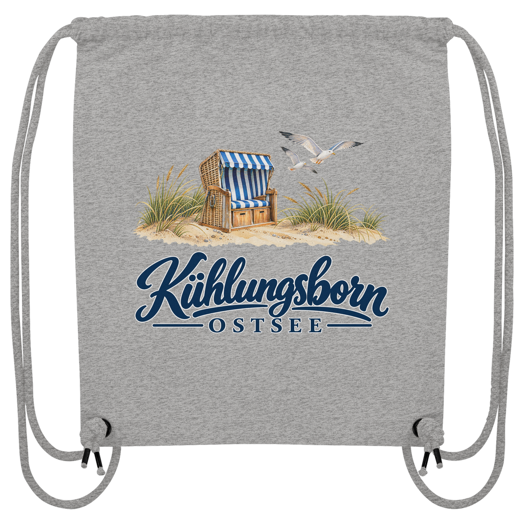 Recycling-Sportbeutel Kühlungsborn – Strandkorb & Ostsee, Heather Grey, Shirtigo-Originalmockup der bedruckten Vorderseite.