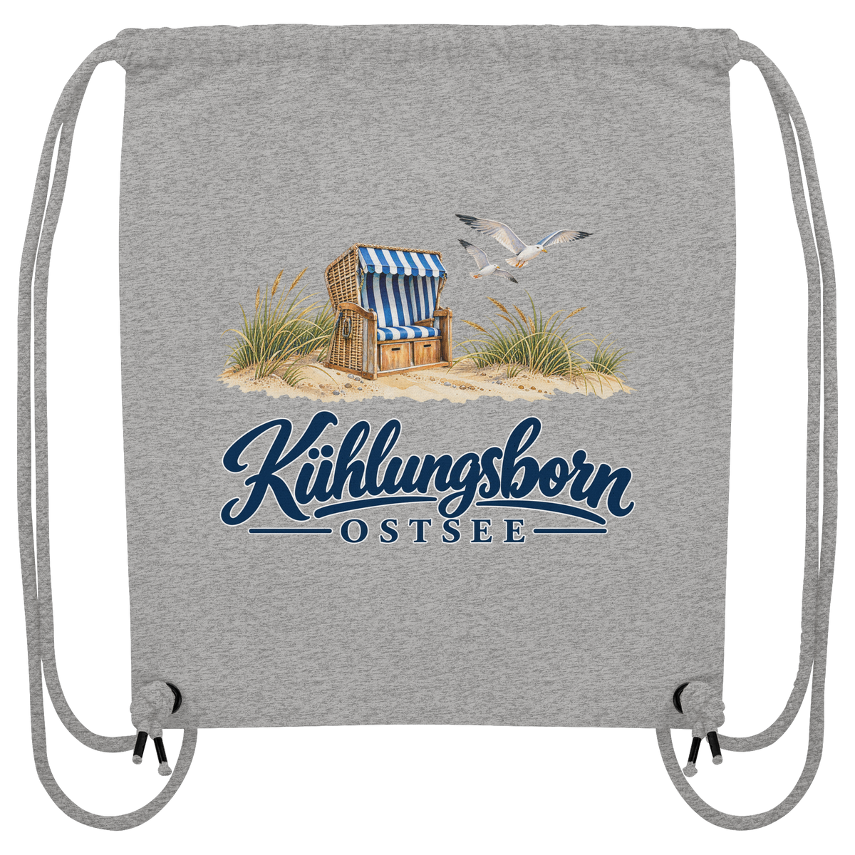 Recycling-Sportbeutel Kühlungsborn – Strandkorb & Ostsee, Heather Grey, Shirtigo-Originalmockup der bedruckten Vorderseite.